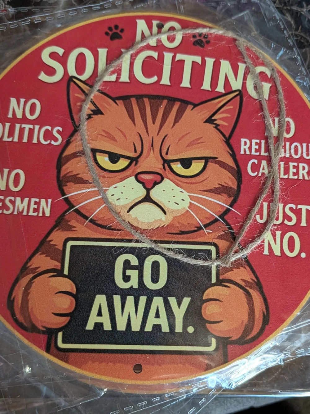 No Soliciting Cat Door Sign - Red Go Away Wall Decor 6 Inches